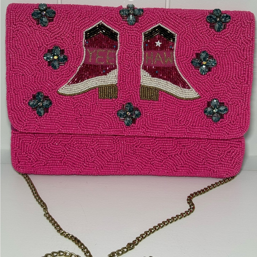 Beautiful Vibrant Pink hand Beaded Clutch/purse 
Cowgirl boots “YEE HAW”